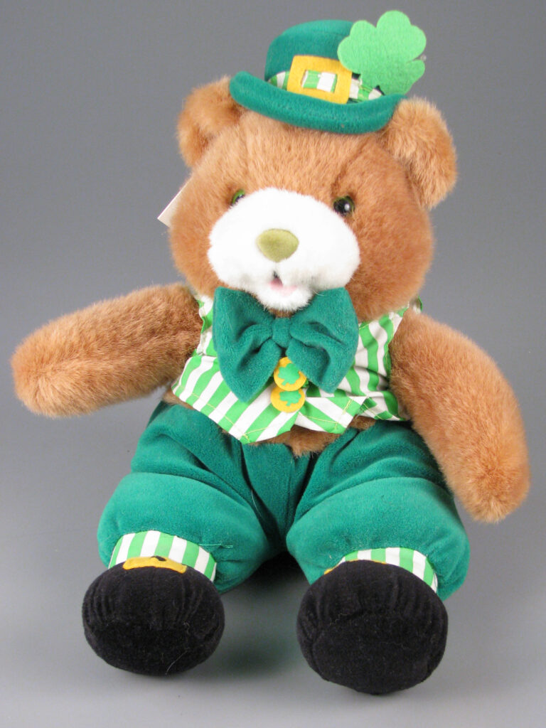 Image of a St. Patrick’s Day teddy bear, 1995, gift of William Friday in memory of Cathy Friday, The Strong, Rochester, New York.