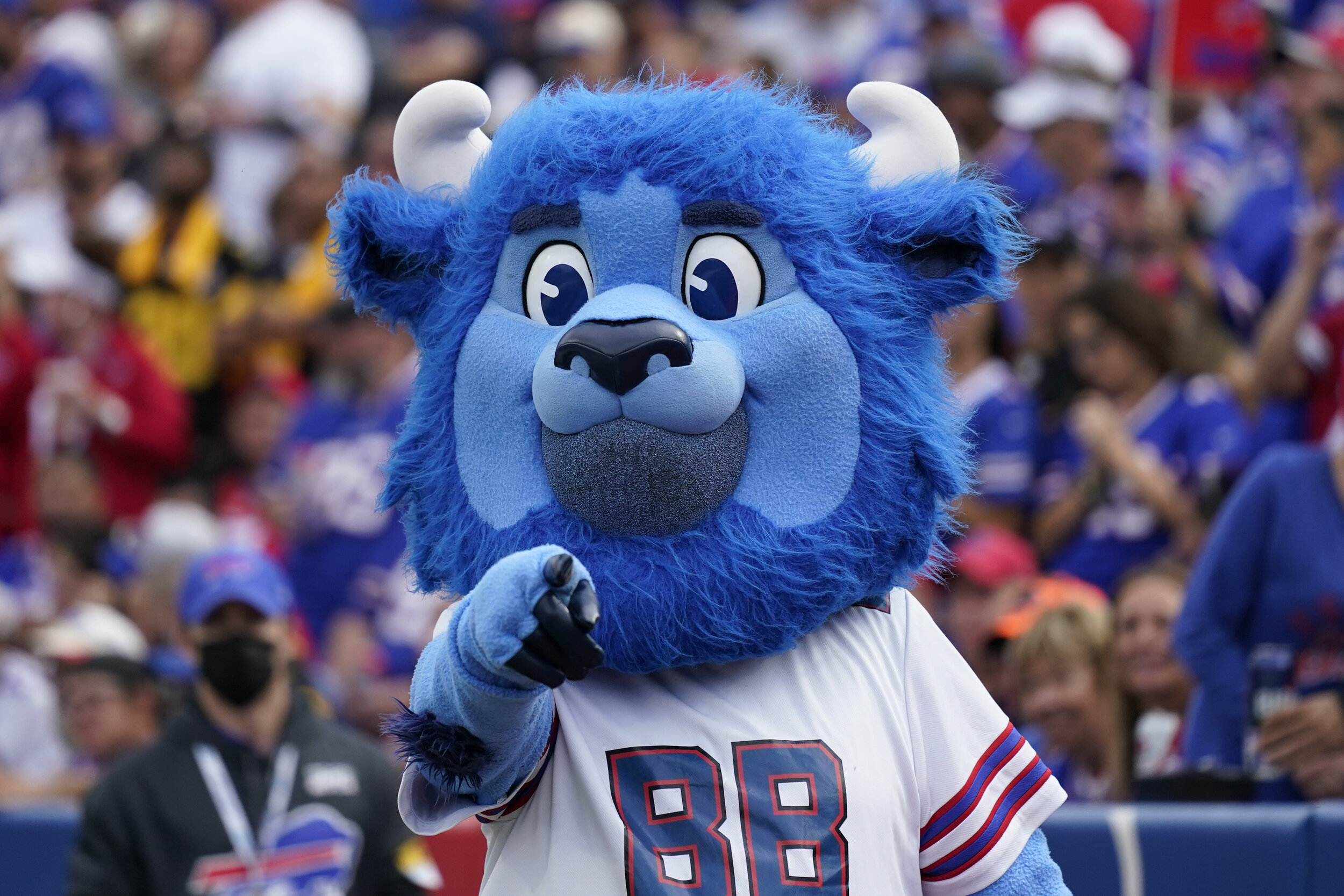 Buffalo Bills' mascot pointing into the camera.