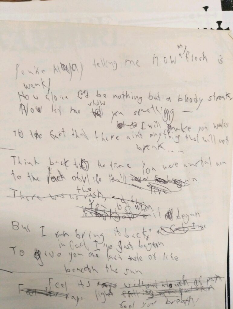 Illustration of handwritten lyrics for Mage: The Ascension song lyrics, Play Generated Map and Document Archive (PlaGMaDA) papers, The Strong National Museum of Play, Rochester, NY.