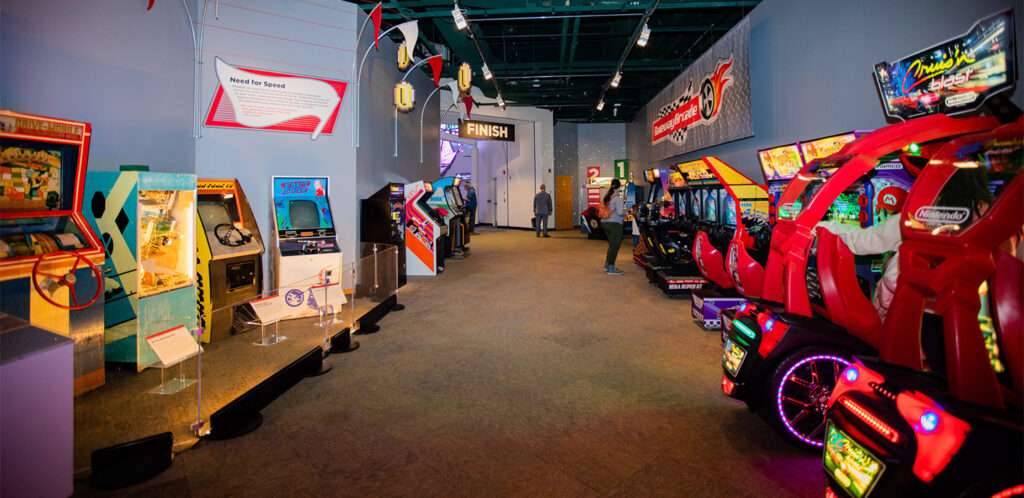 Raceway Arcade hallway exhibit with video games