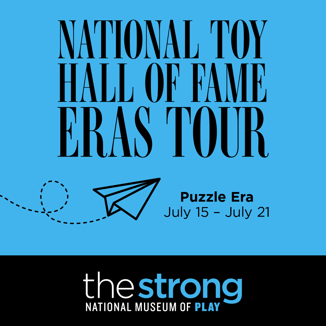 National Toy Hall of Fame Eras Tour graphic with a paper airplane